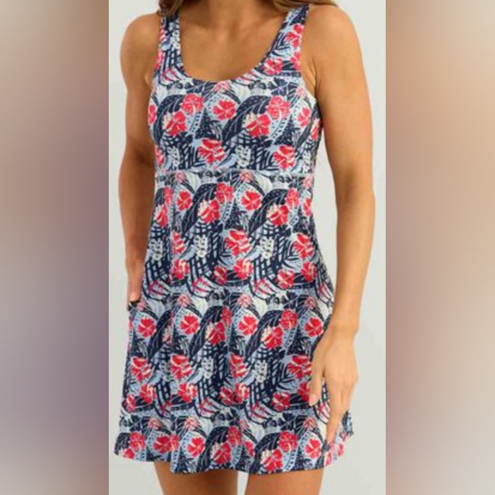 Huk Navy Blue Floral Mini Dress with Coral Accents